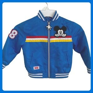 Retro Blue Mickey Mouse Bomber Jacket Racing Stripes Patch Zip Up Kids Size 4T